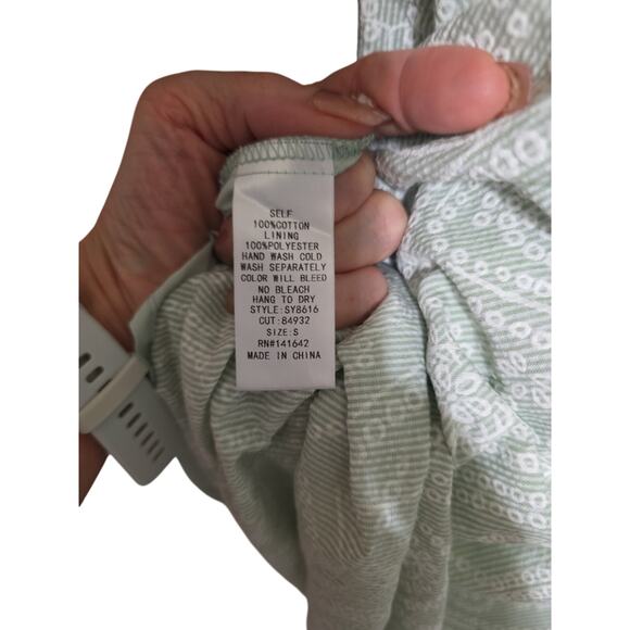 She + Sky Sage Green Paisley Midi Dress Front Zip Smocked Waist Sleeveless S - Picture 5 of 7